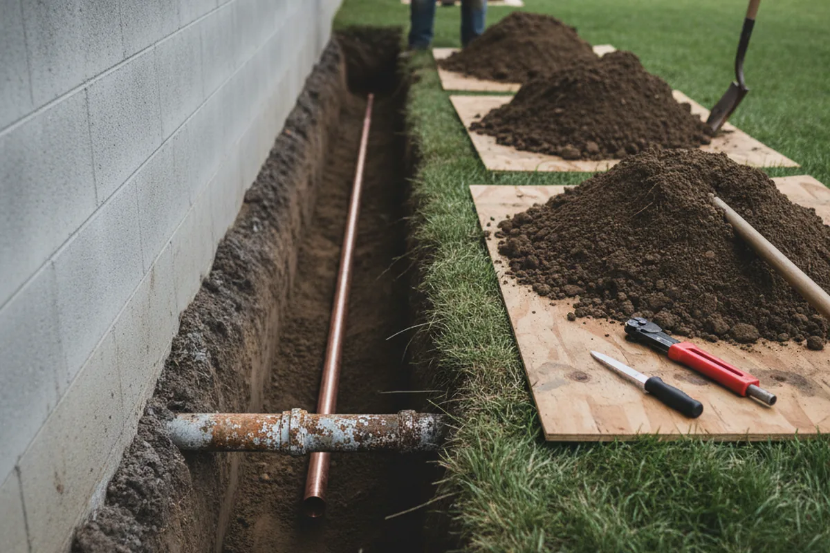 Excavated water line trench during Water Softener Installation in Monponsett